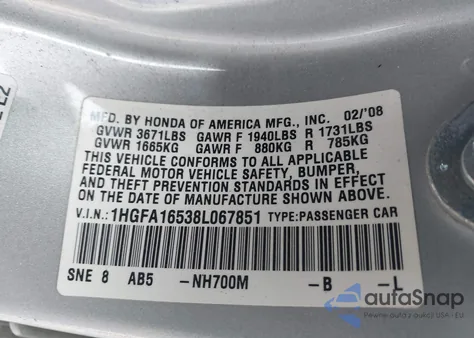 2008 Honda Civic Lx z USA, uszkodzony, nr VIN 1HGFA16538L067851